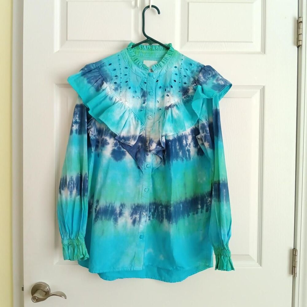 River Island ocean blue and turquoise tie-dye long sleeve blouse Size 6